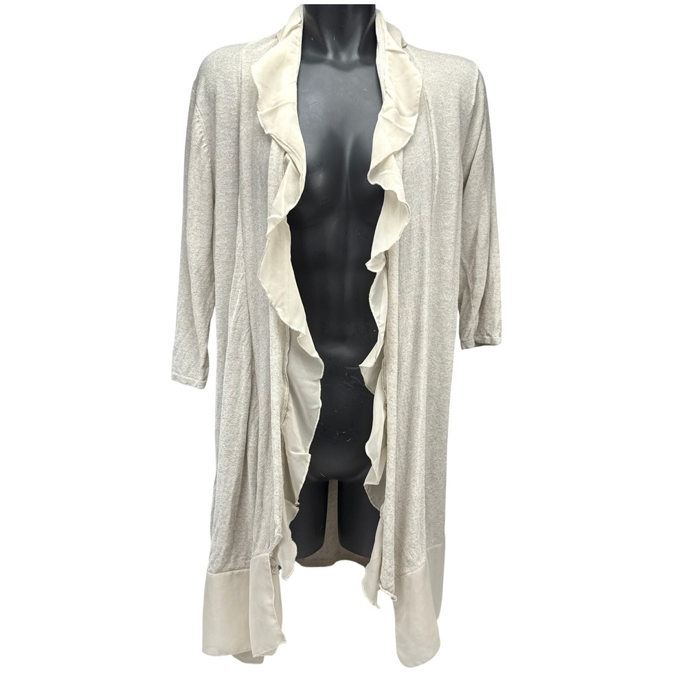 CONTEMPORAINE‎ Simons Linen Ruffle Trim Longline Beige Open Cardigan XL
